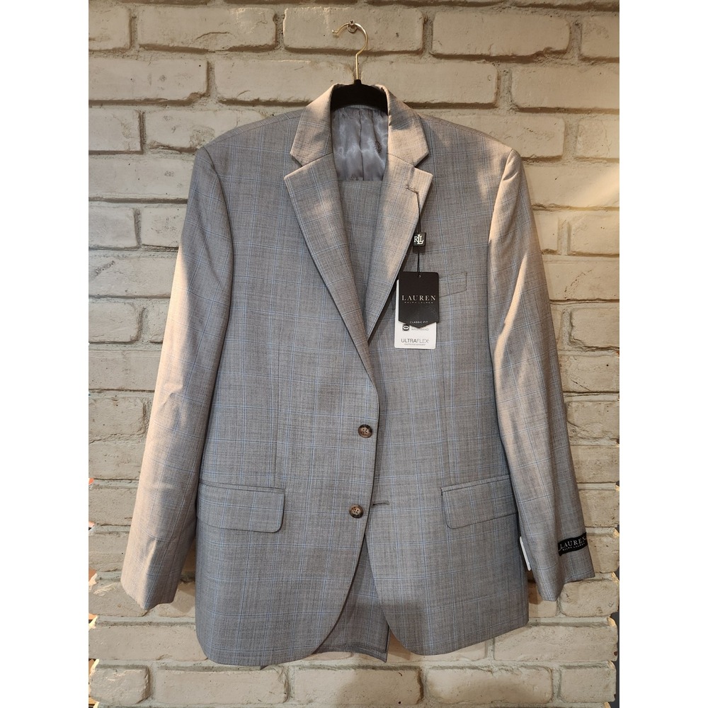 Lauren Ralph Lauren Mens Grey Blue Plaid Ultraflex Suit